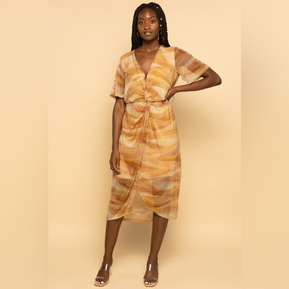 NORDSTROM Metallic Gold Multi Abstract Dolman Plisse Midi Dress